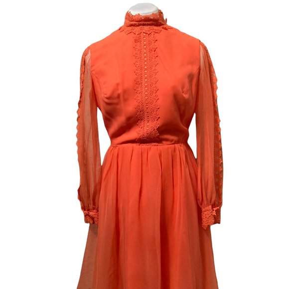 THE TANGERINE DREAM: Knee-Length Chiffon 1970s Vintage Neon Orange Prairie Dress - Picture 1 of 6